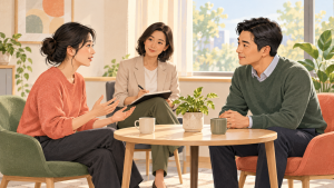 三位成年人围坐交流，其中一人记录，示意管理者、员工与观察者的角色演练