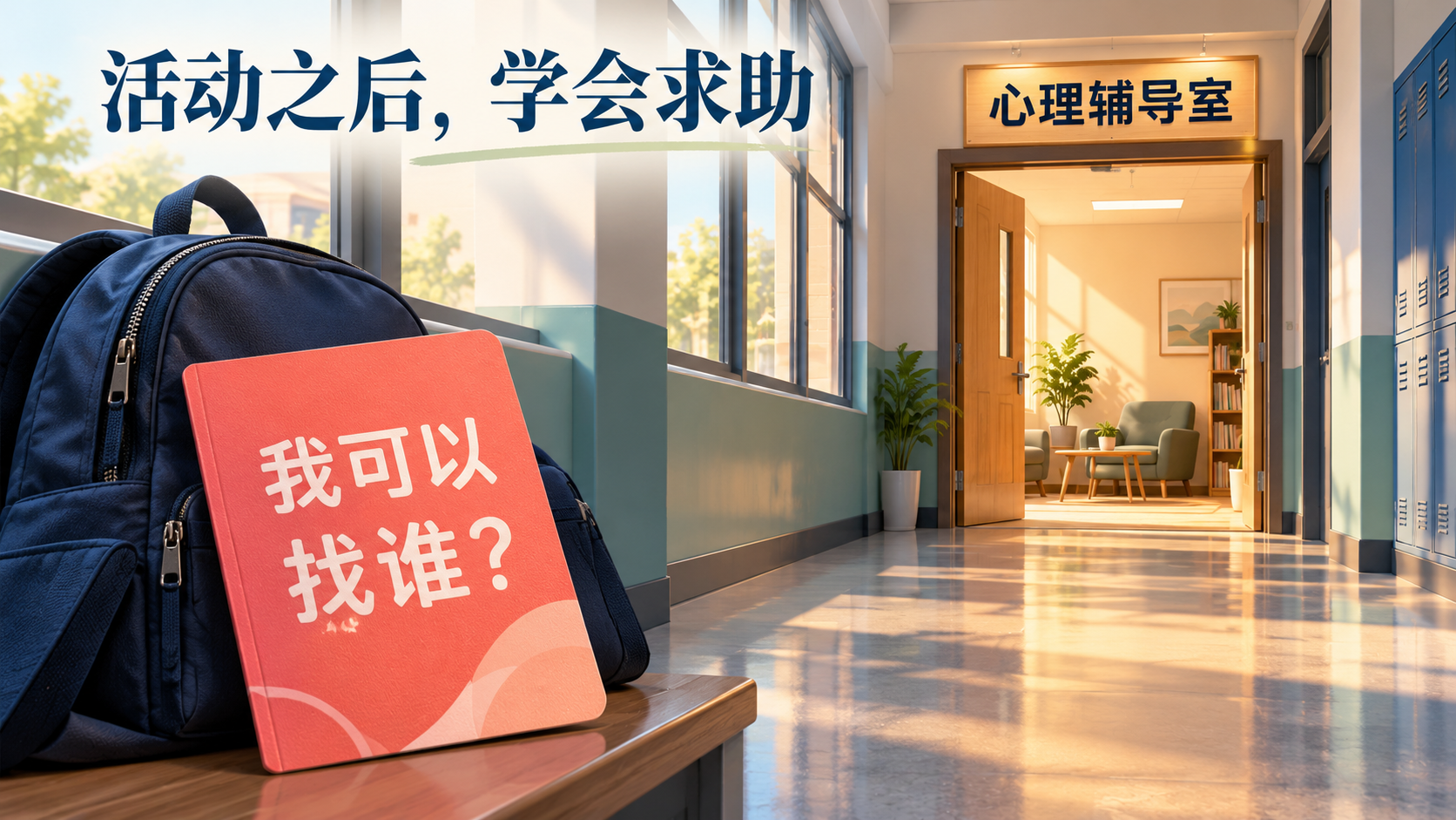 学生书包旁的求助卡与心理辅导室,表现活动后的求助渠道识别。