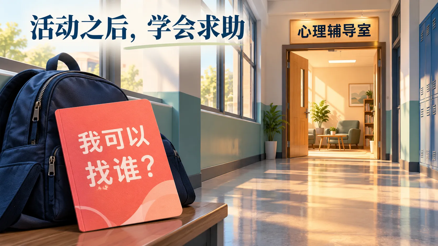 学生书包旁的求助卡与心理辅导室,表现活动后的求助渠道识别。