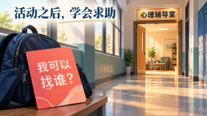 学生书包旁的求助卡与心理辅导室，表现活动后的求助渠道识别。
