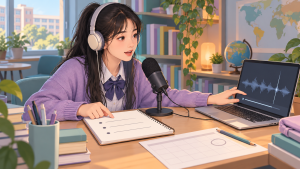 学生戴耳机对着麦克风录音，查看电脑上的音频波形