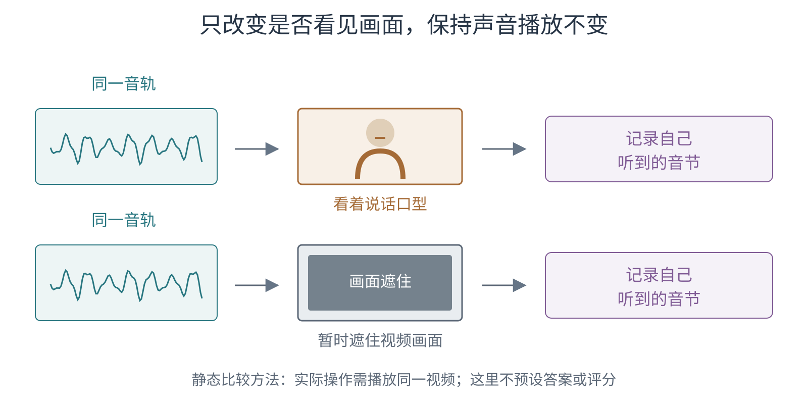 两次播放相同音轨，一次看口型，一次遮住画面，分别记录所听音节，不预设回答。