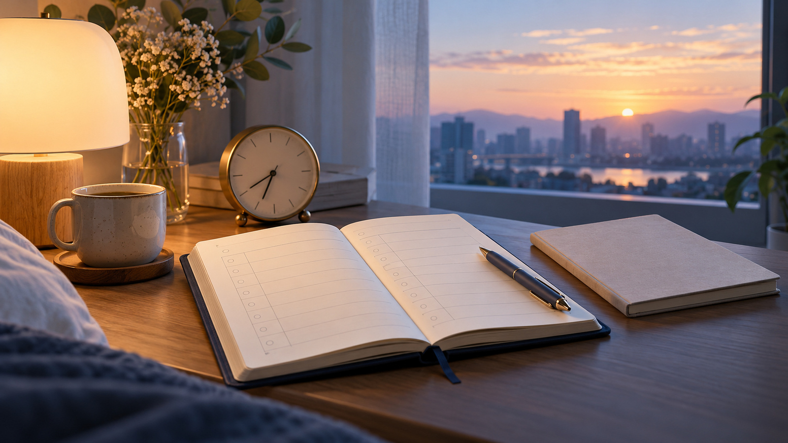 虚构场景：晨光中的睡眠日记、笔与另一份记录册，提示逐日记录与整体评估