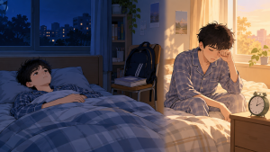 男生夜里睁眼躺床与清晨坐在床边揉眼的对照画面