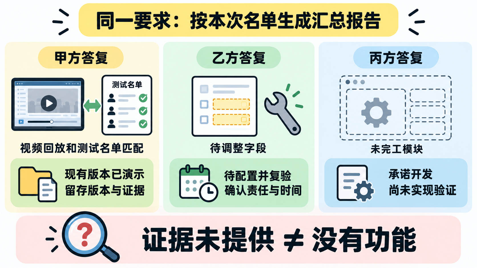 图1  虚构三家答复的交付状态不同；证据未提供不能直接记为没有功能。