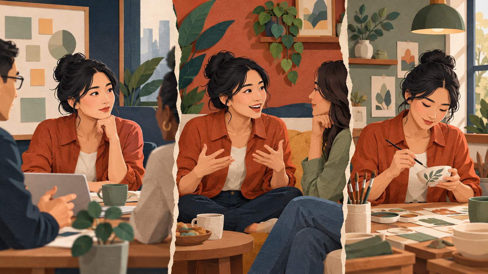 同一成年女性在会议、友人交谈和独自专注的三个场景,呈现不同情境下的行为。