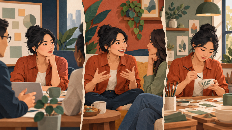 同一成年女性在会议、友人交谈和独自专注的三个场景，呈现不同情境下的行为。