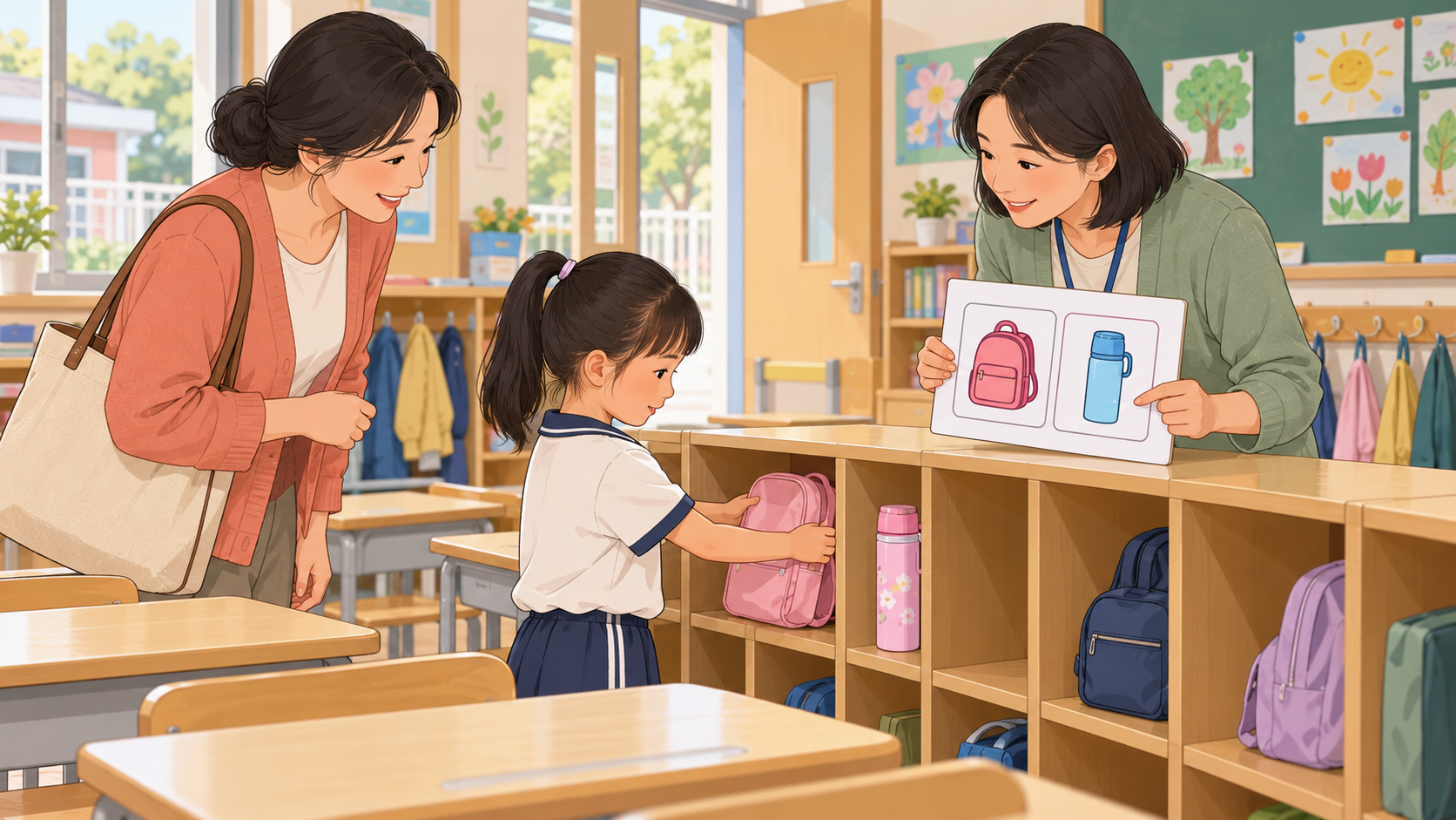 教师和家长观察孩子在图片提示下整理书包,了解完成学校任务需要的支持
