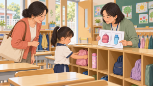 教师和家长观察孩子在图片提示下整理书包，了解完成学校任务需要的支持
