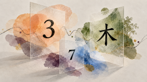 黑色数字3和7、汉字木与声音线条，周围伴随半透明色彩的联觉概念插画