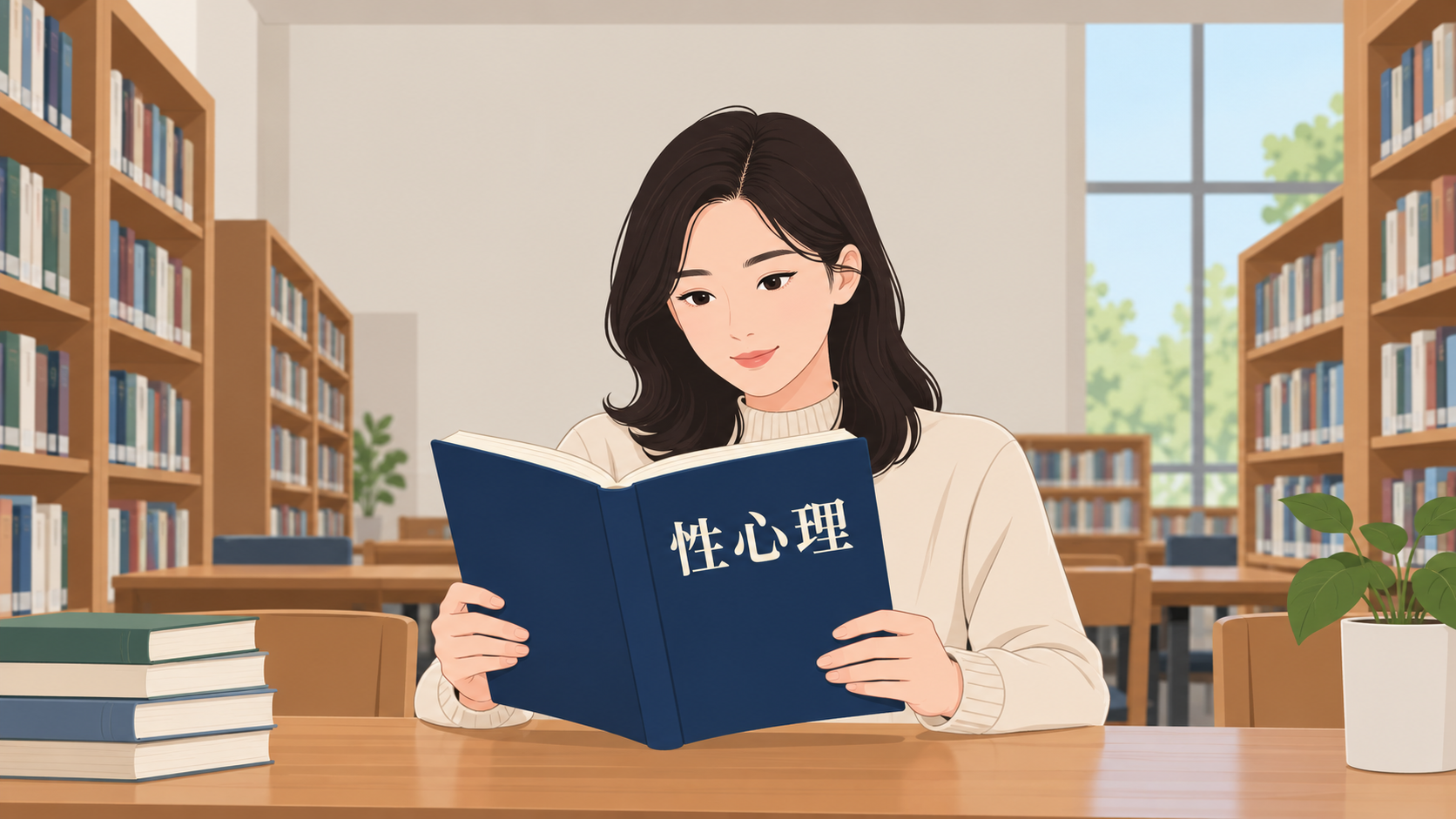 成年女性阅读封面写有性心理的科普书籍