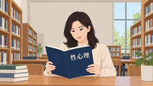 成年女性阅读封面写有性心理的科普书籍
