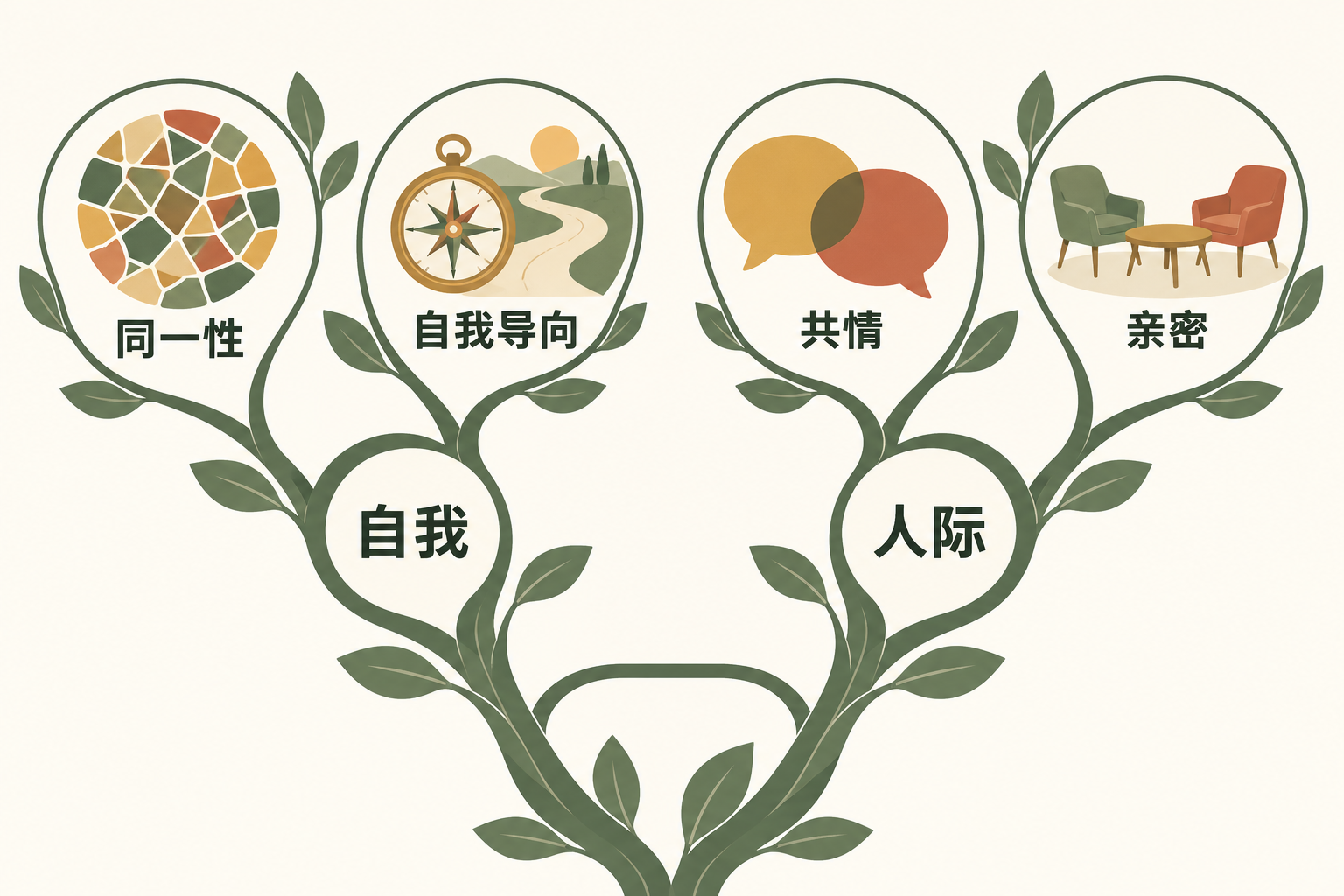 分枝结构中，自我连接同一性和自我导向，人际连接共情和亲密。