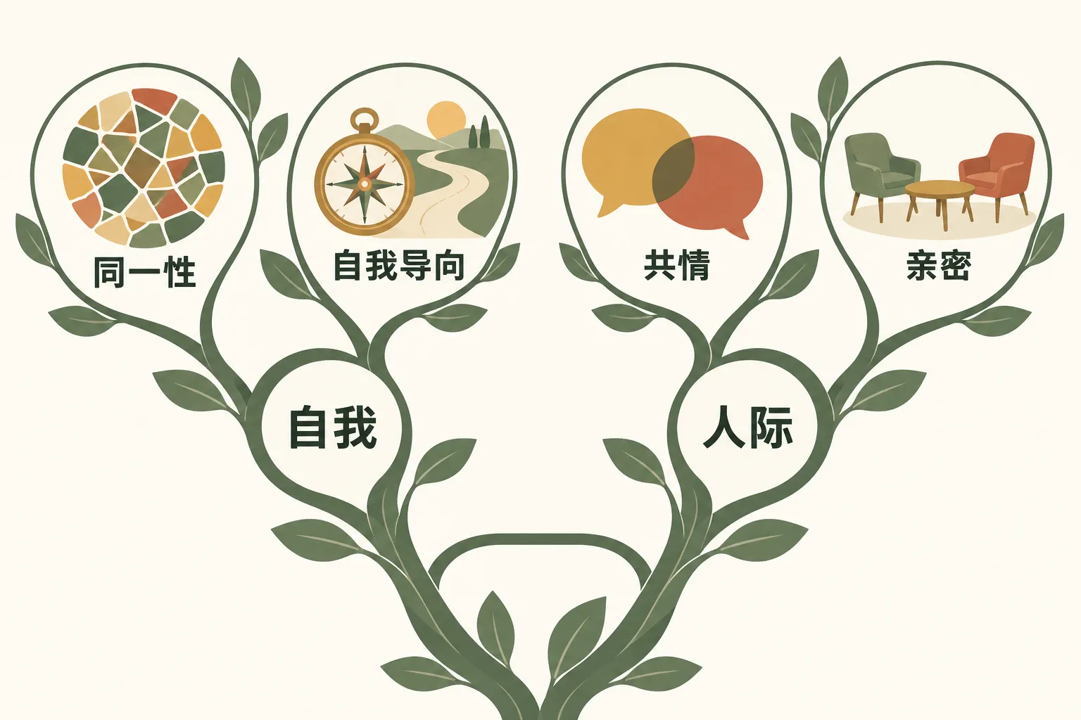 分枝结构中，自我连接同一性和自我导向，人际连接共情和亲密。