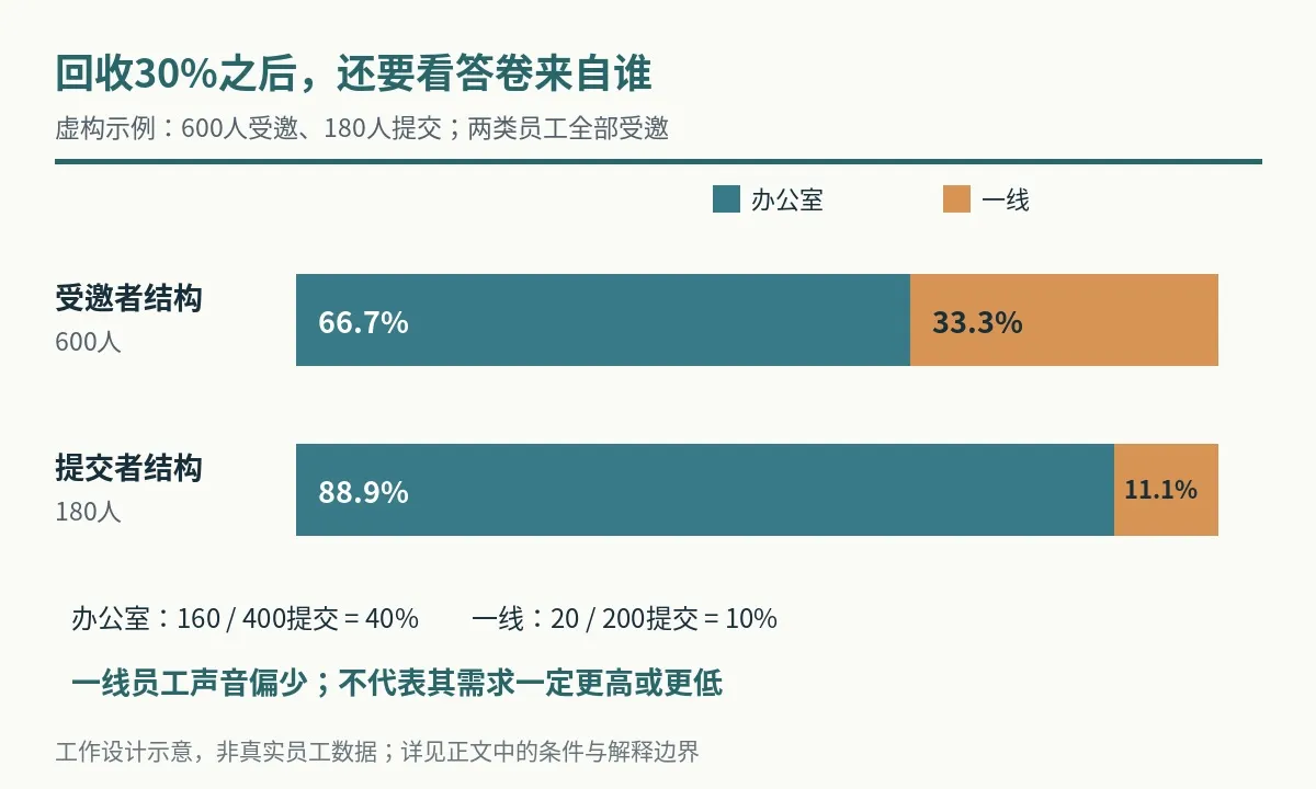 受邀者与提交者中办公室及一线员工比例的虚构对照图