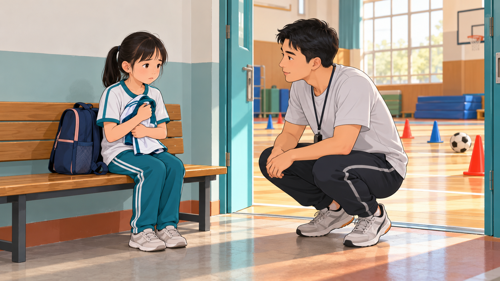 体育活动前老师在更衣区外倾听孩子的顾虑,尊重孩子的身体感受
