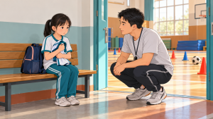体育活动前老师在更衣区外倾听孩子的顾虑，尊重孩子的身体感受