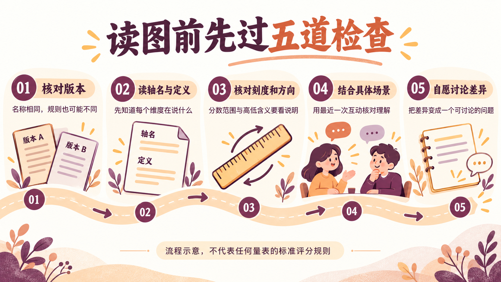 读图前的五步检查:确认版本、核对轴名定义、查看刻度方向、联系生活例子、双方自愿讨论