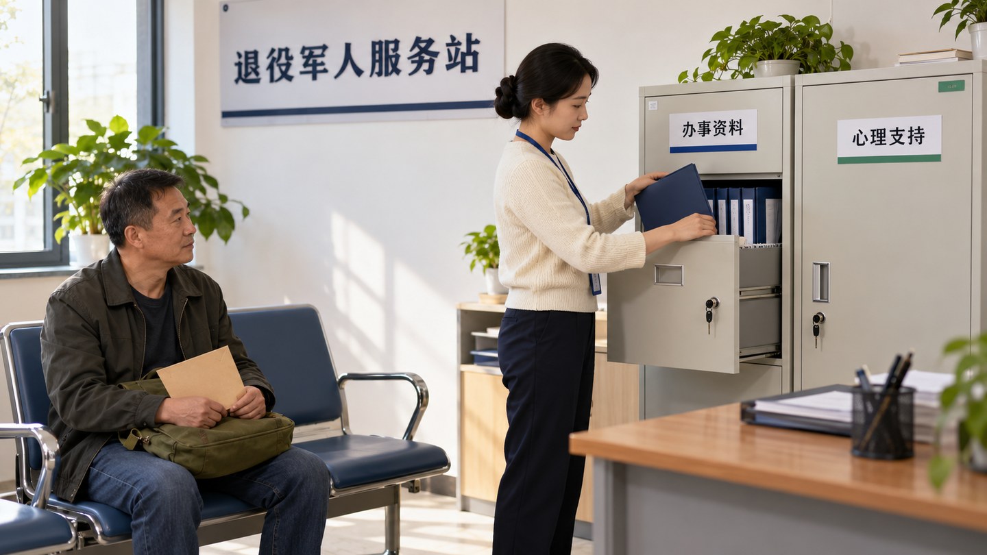 退役军人服务站分柜整理办事与心理支持资料的AI场景示意