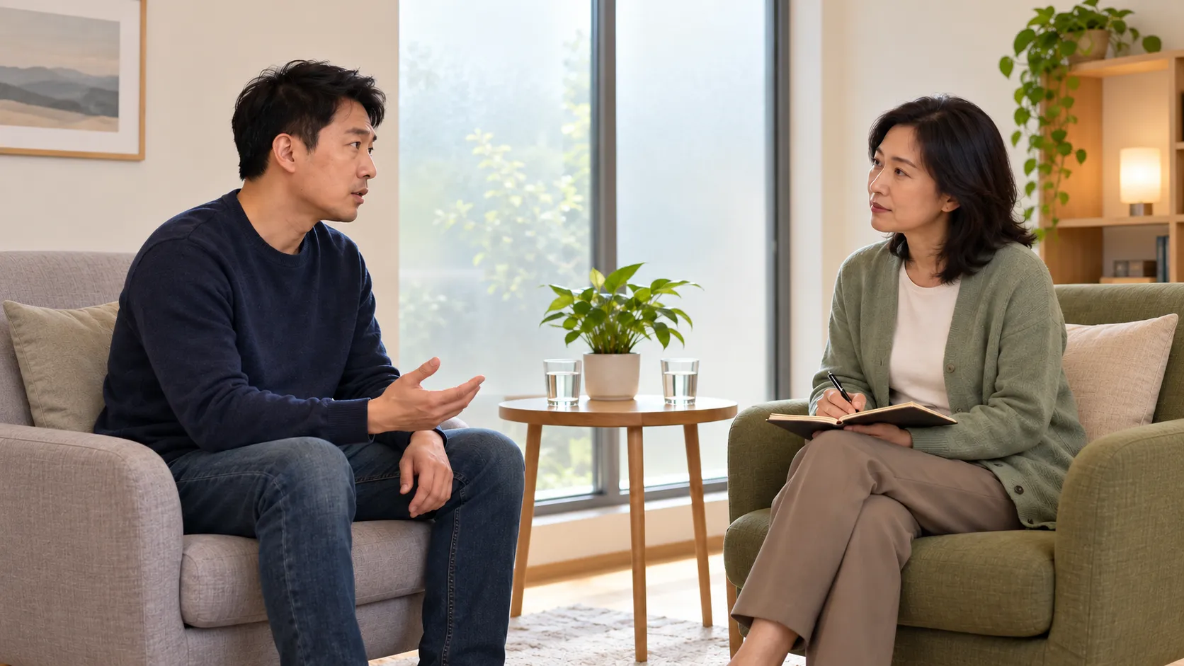 一位成年人在明亮的咨询室中与咨询师单独交谈