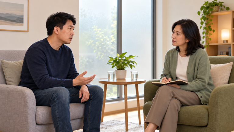 一位成年人在明亮的咨询室中与咨询师单独交谈