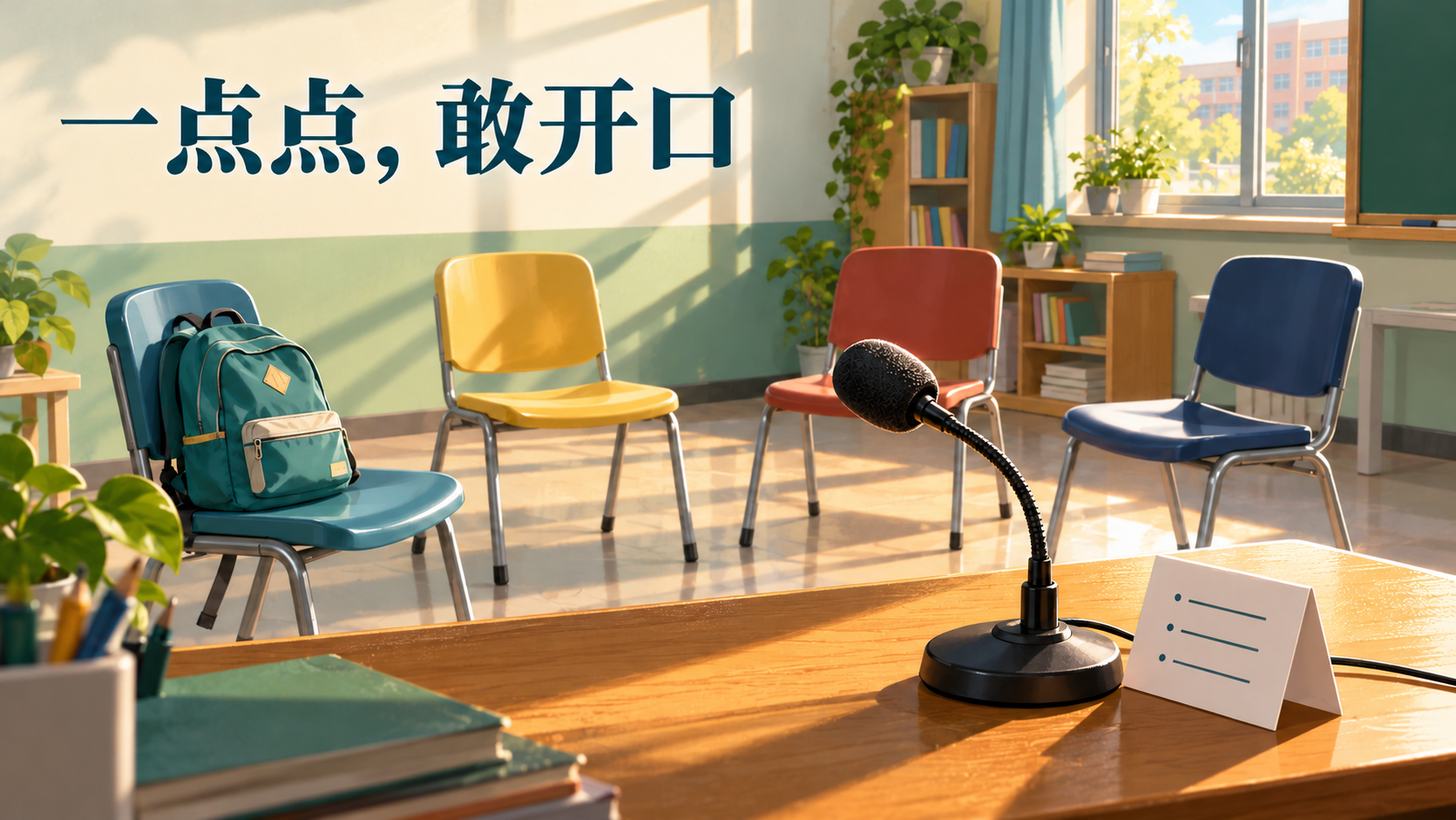 小组座椅前的话筒与发言提纲，表现学生逐步尝试表达。