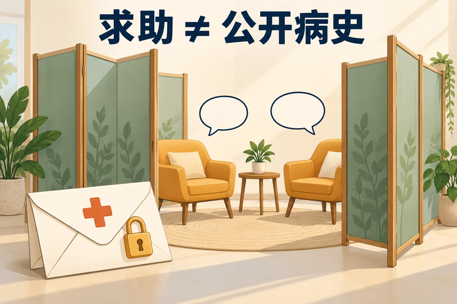 求助不等于公开病史：空的咨询座椅、开放屏风和带锁医疗信封同时呈现支持与隐私。