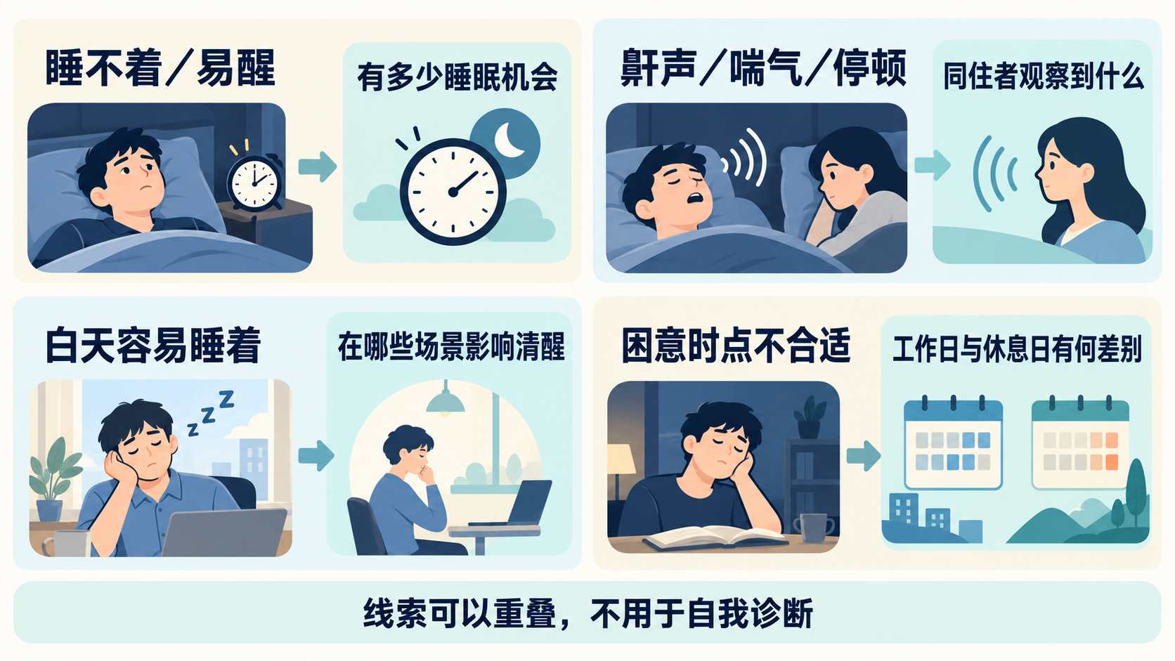 入睡或维持困难、夜间呼吸、日间困倦和作息时点四类线索及应补充的信息