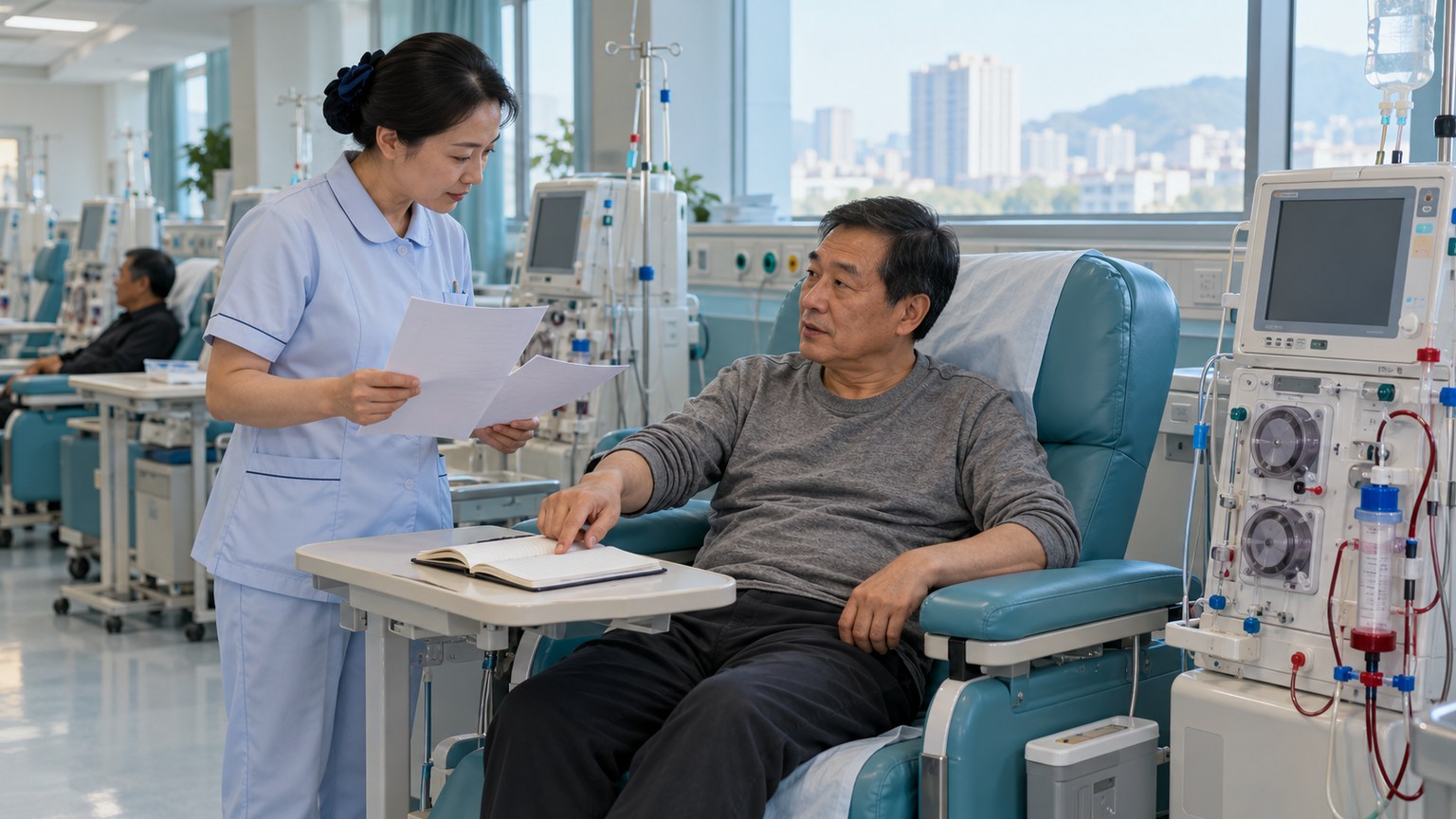 透析治疗区内患者与护士核对不同时间的随访记录的AI场景示意