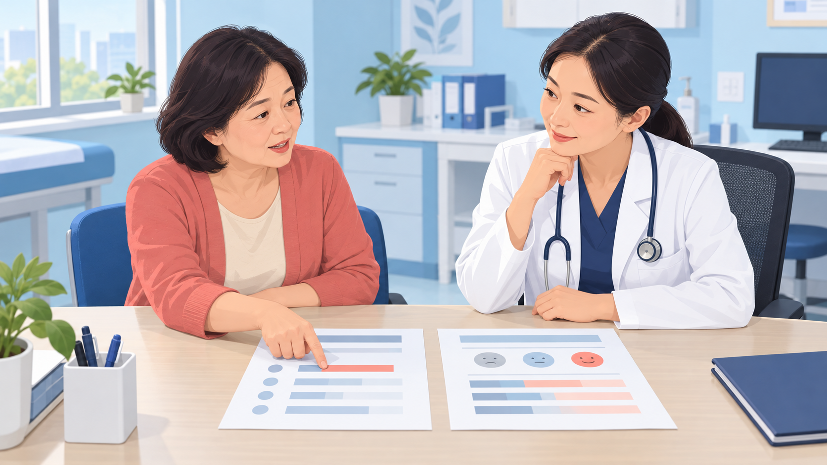 复诊者向医生讲述报告记录的变化