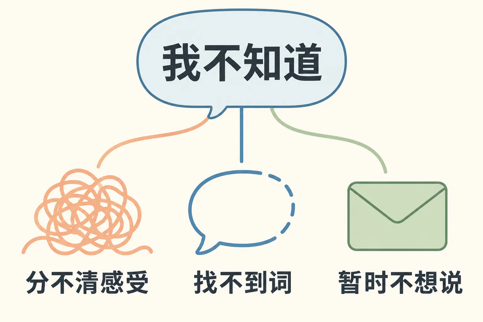 我不知道分出三种可能:分不清感受、找不到词、暂时不想说。