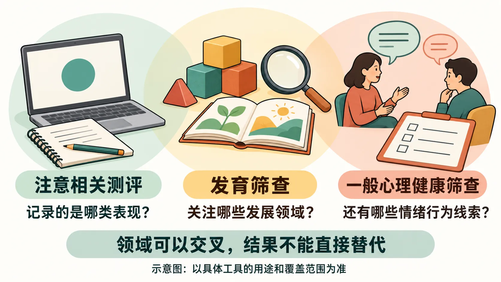三组示意对象分别对应注意相关表现、发展领域及情绪行为线索,强调领域可能交叉,应按具体工具用途解释结果。