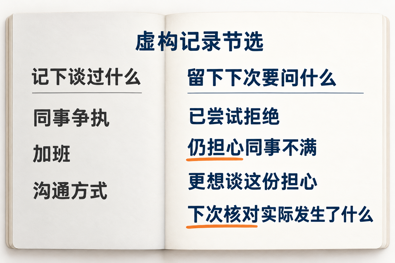 虚构咨询记录节选对照,留下会谈中的尝试、担心和待核对事项