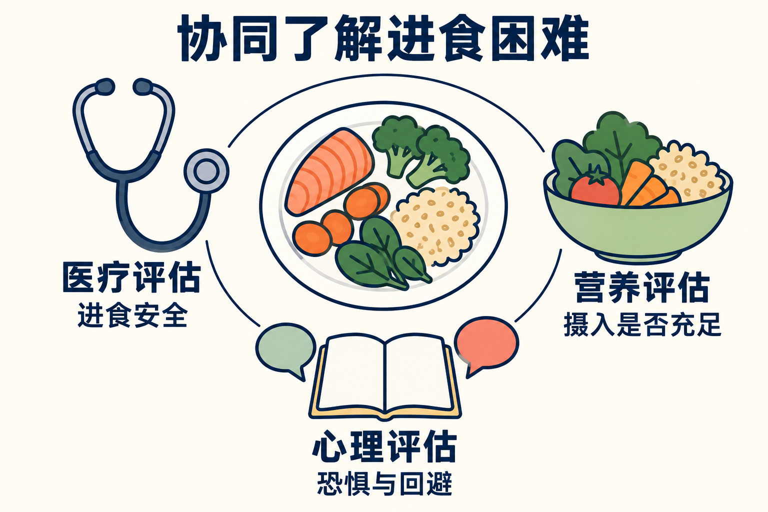 医疗评估关注进食安全，营养评估了解摄入是否充足，心理评估了解恐惧与回避，三方面协同了解进食困难。
