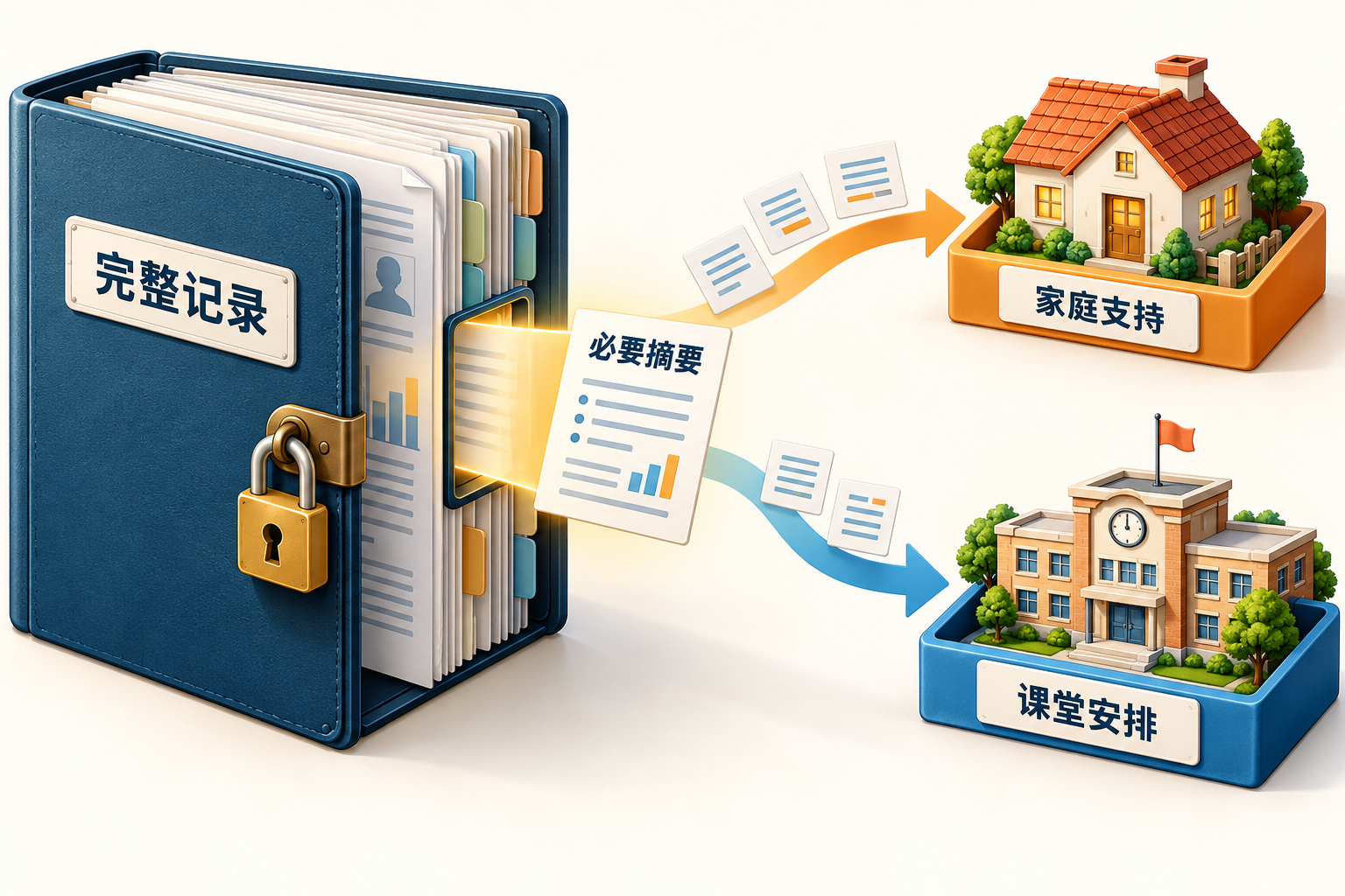 完整记录保留在受控资料夹,必要摘要分别用于家庭支持和课堂安排的示意图