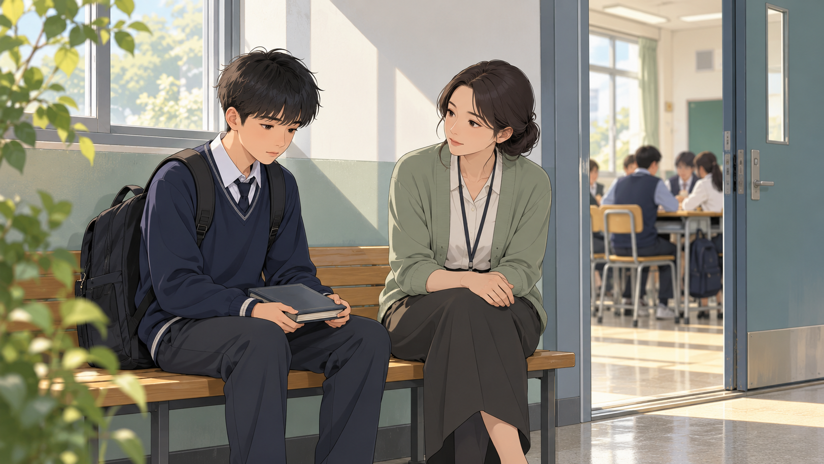 老师在安静的校园空间倾听学生的哀伤与生活困难
