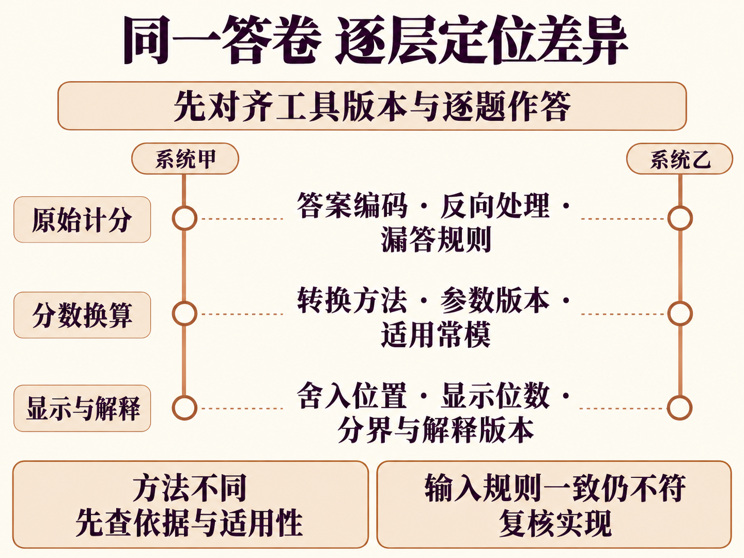 两套系统计分差异的分层定位示意:先对齐版本与逐题作答,再核对原始计分、分数换算以及显示解释;方法不同需确认依据与适用性,输入和规则一致仍不符则复核实现