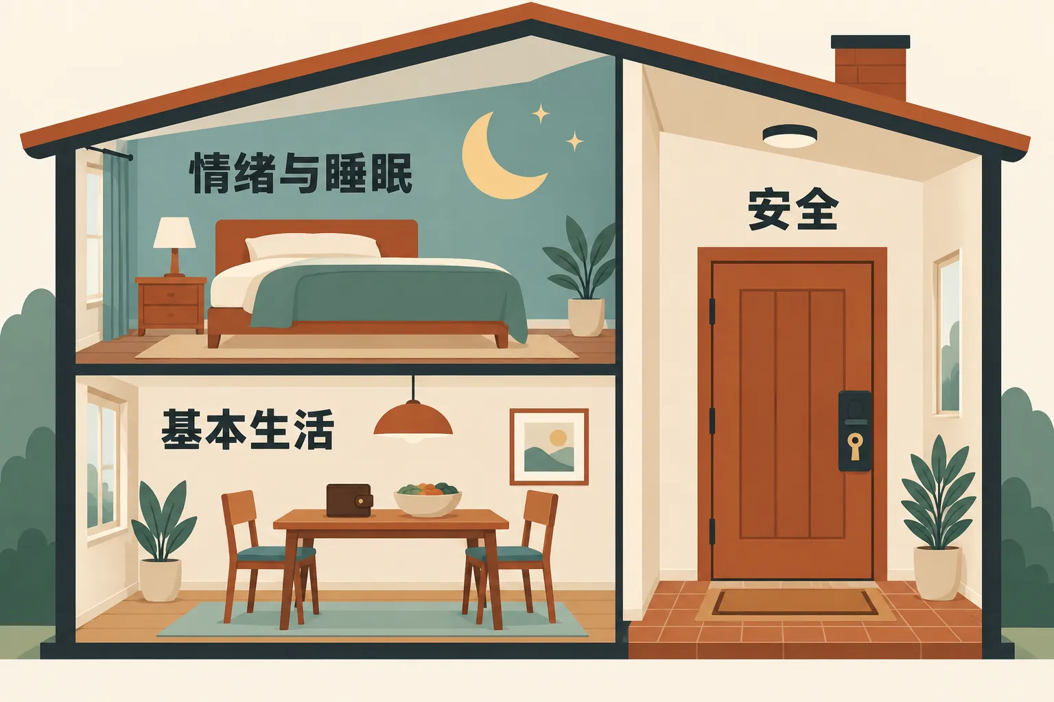 一栋房屋的不同空间展示床、餐桌钱包与门锁，分别标注情绪与睡眠、基本生活和安全。