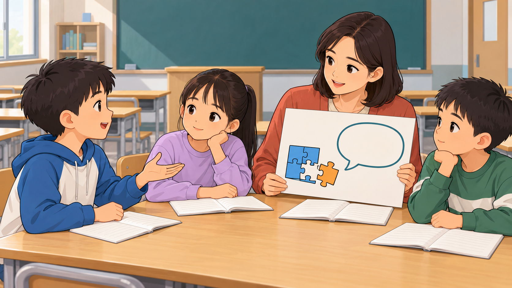 老师用情境图引导小学生练习表达求助,同伴认真倾听