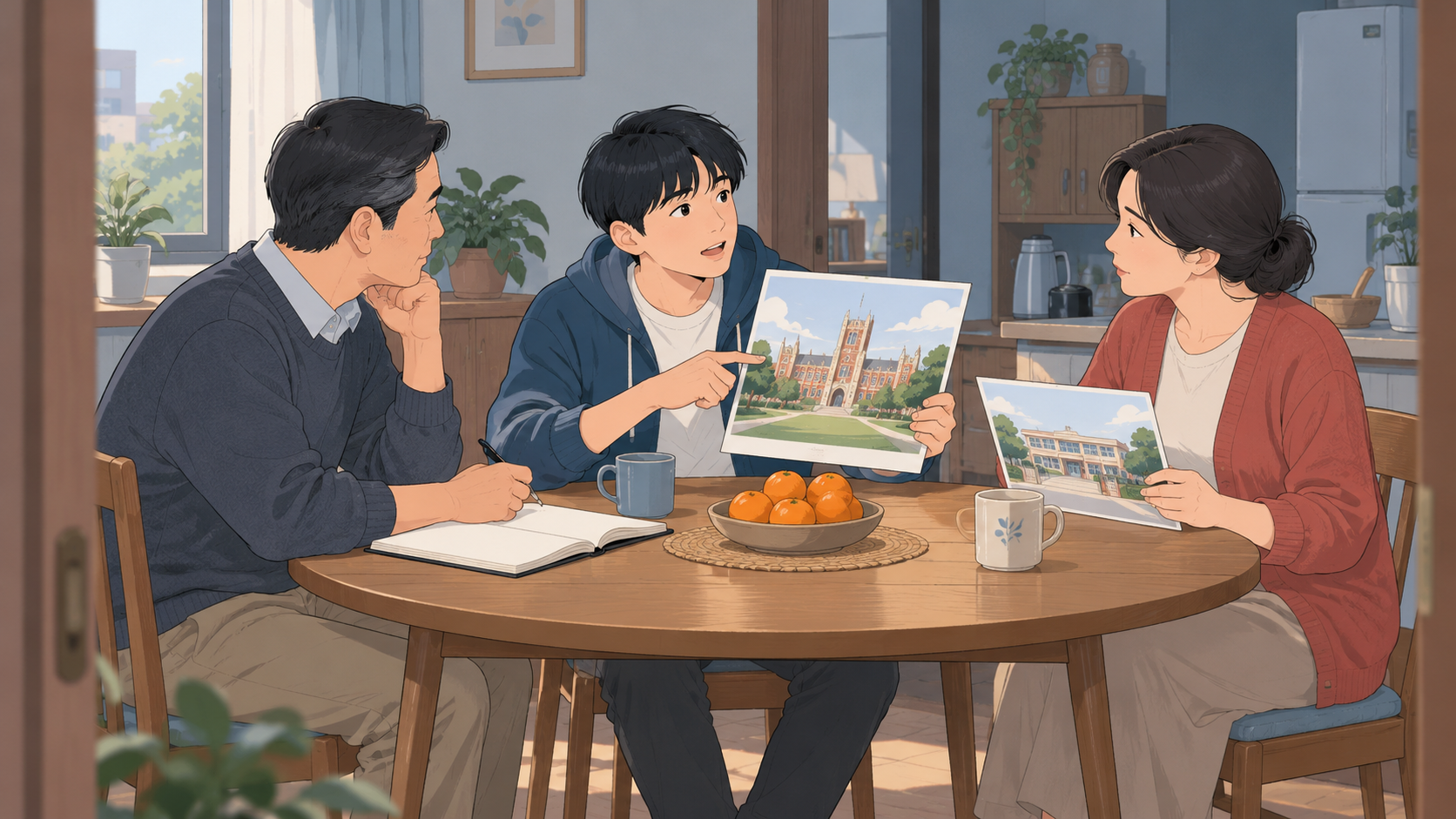 学生和父母在餐桌旁对照校园图片交流