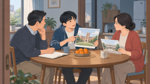 学生和父母在餐桌旁对照校园图片交流