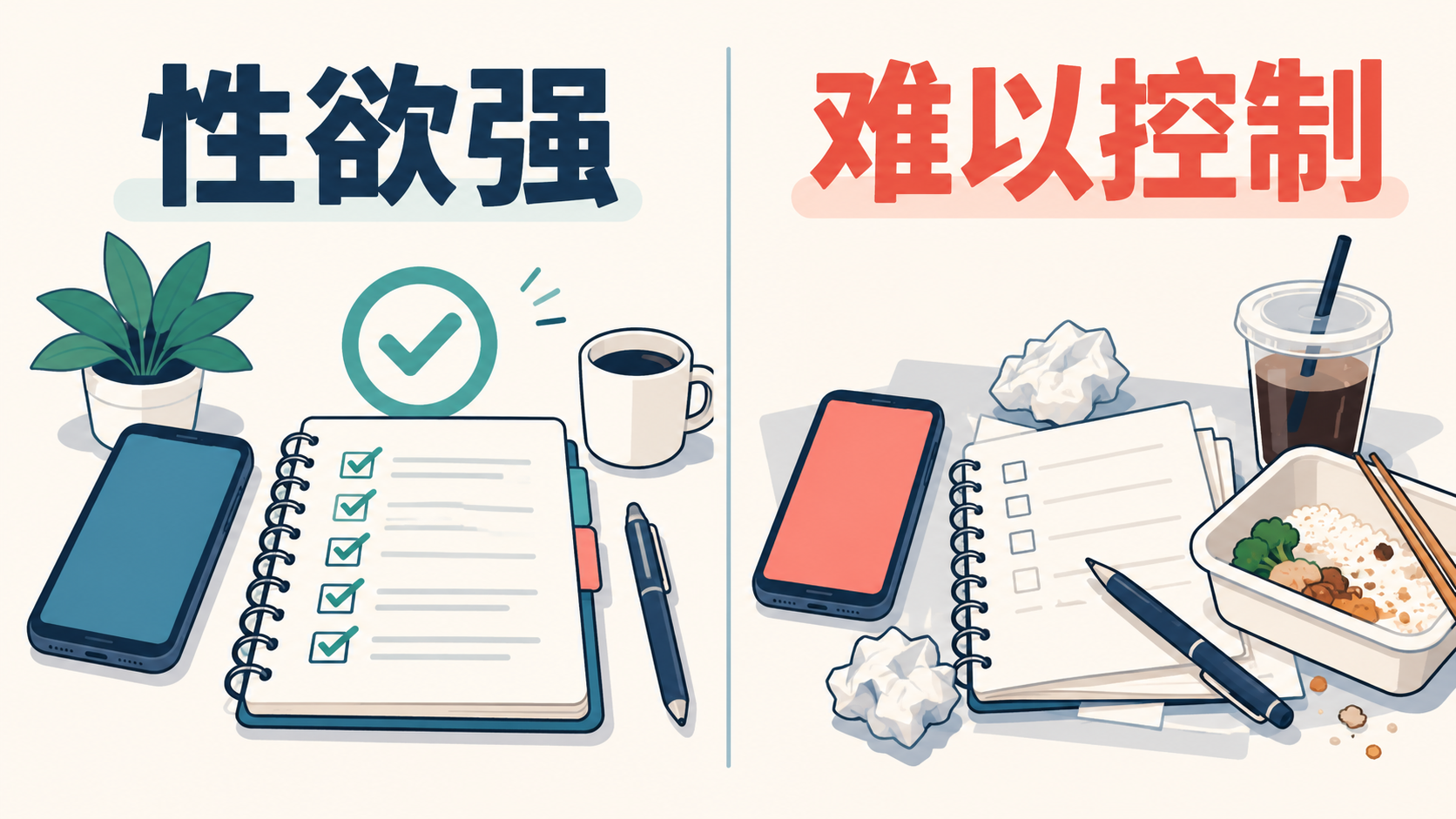 性欲强与难以控制的日常影响对比:完成任务与被耽误的工作、用餐