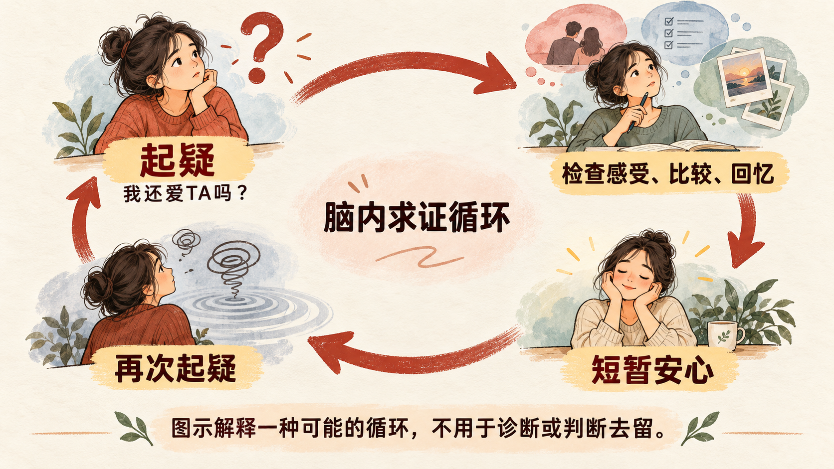 起疑“我还爱TA吗?”后检查感受、比较、回忆,获得短暂安心,再次起疑的循环