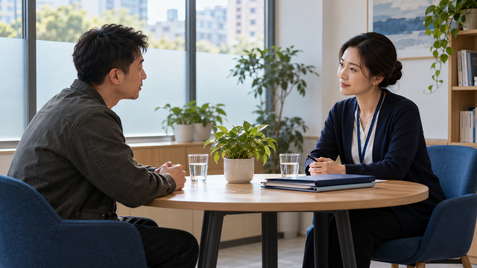 社区矫正心理服务中，工作人员与成年服务对象平等交流生活需要；为合成场景
