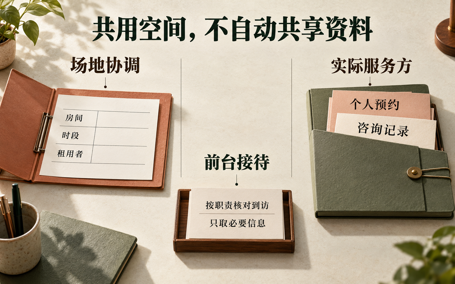 场地协调管理房间时段和租用者,前台按职责核对到访,实际服务方管理个人预约和咨询记录