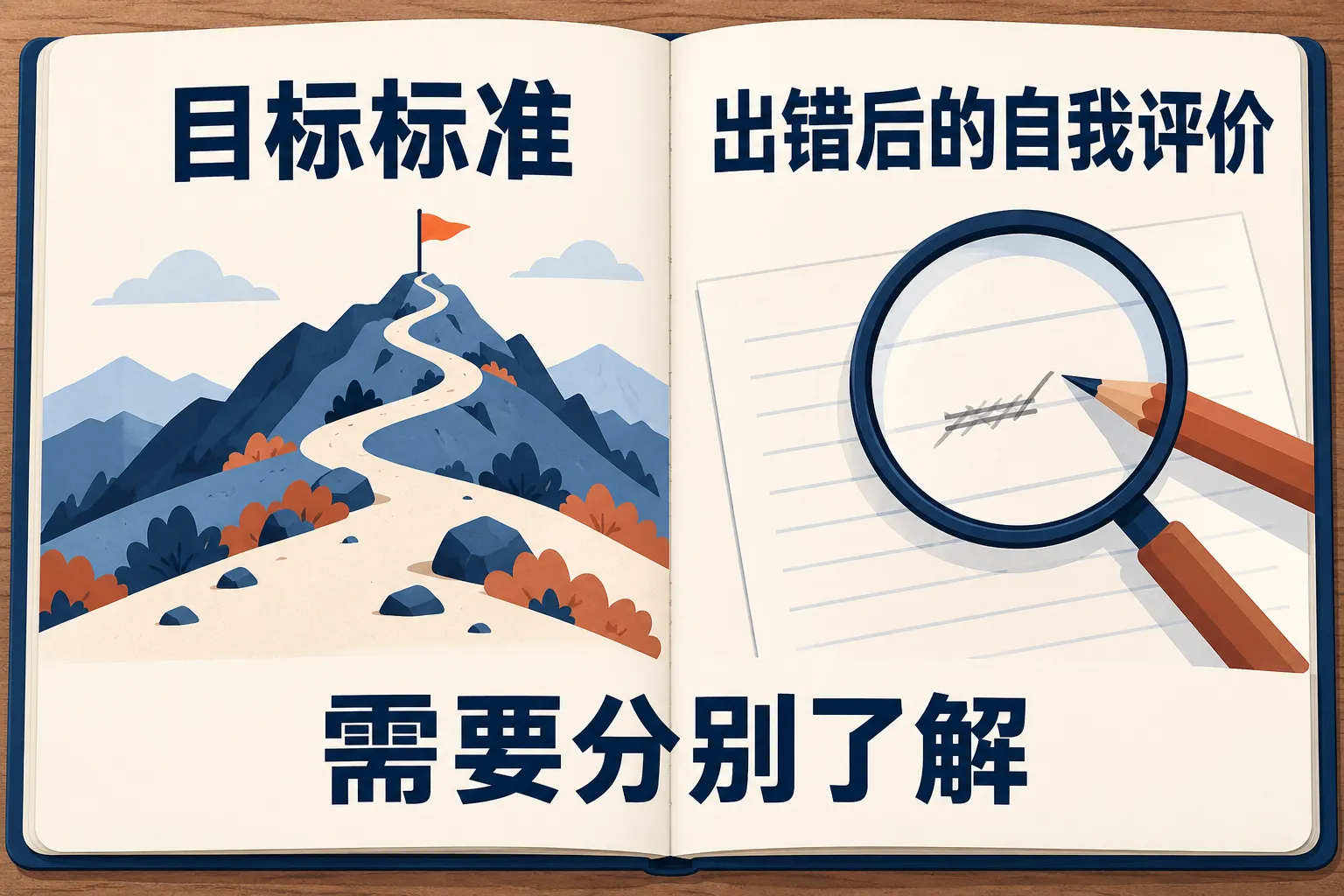 打开的笔记本分别呈现目标标准和出错后的自我评价，提示需要分别了解。