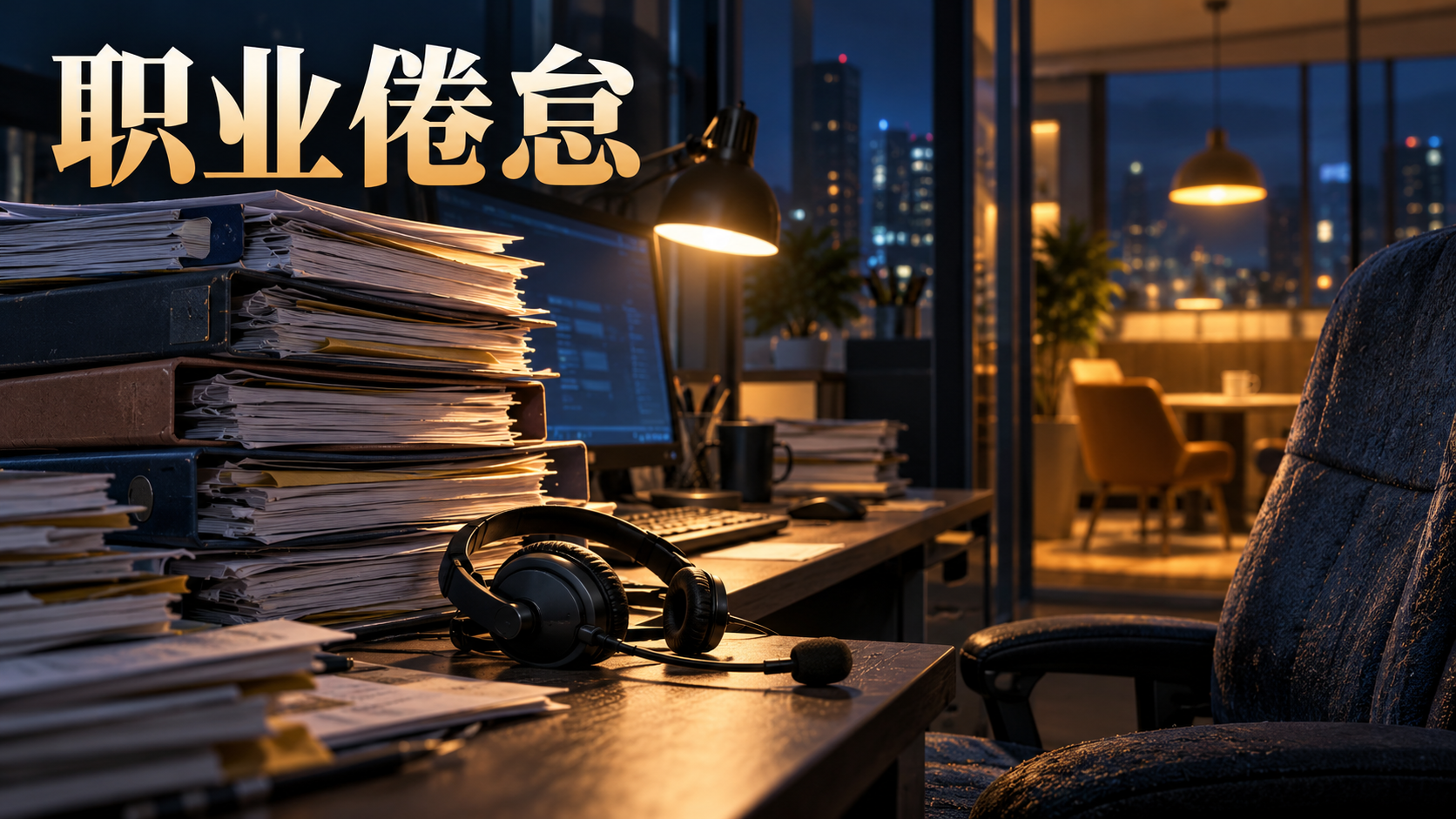 夜间客服工位上堆积的任务资料，呈现职业倦怠的工作情境。
