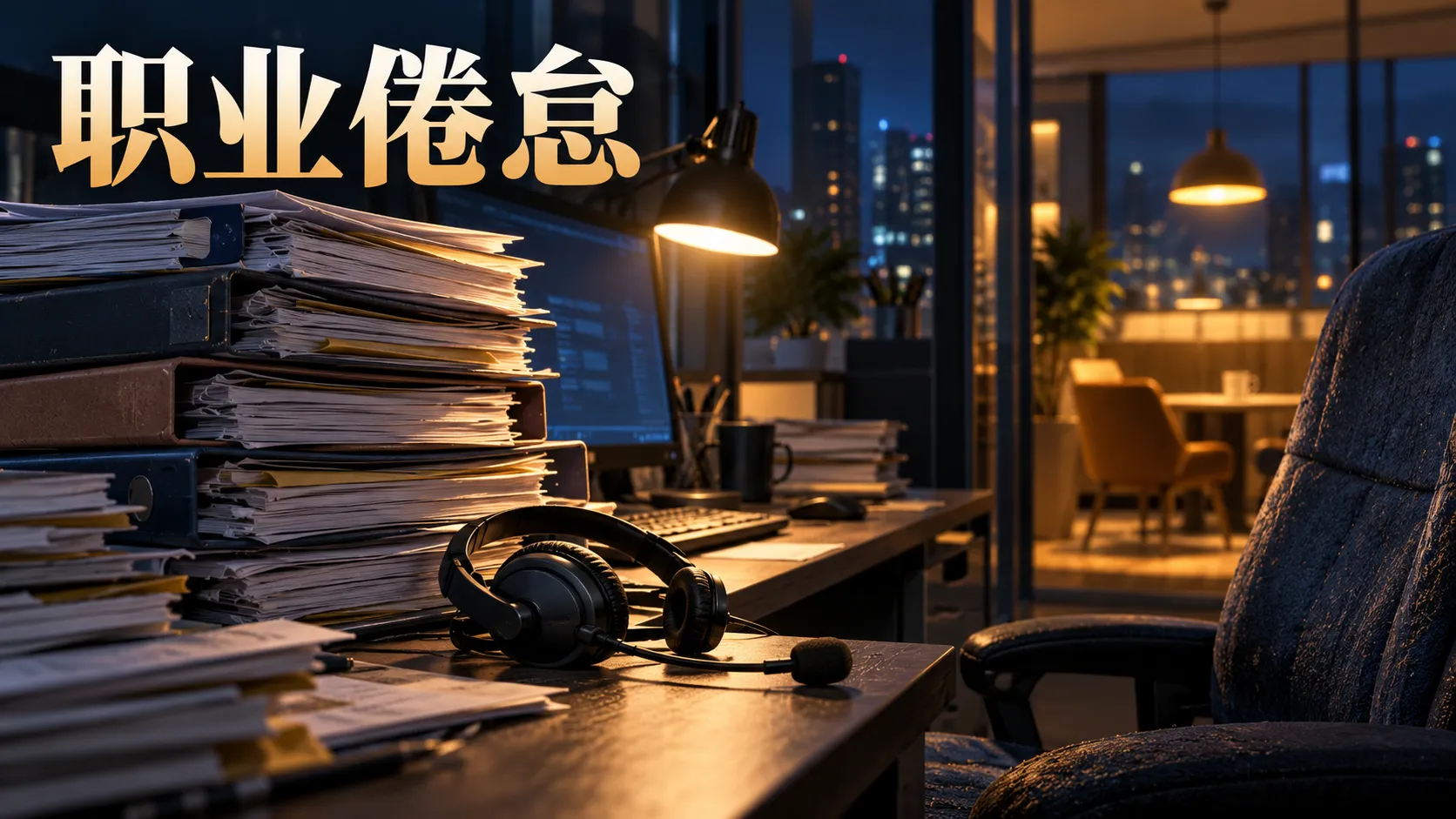 夜间客服工位上堆积的任务资料,呈现职业倦怠的工作情境。