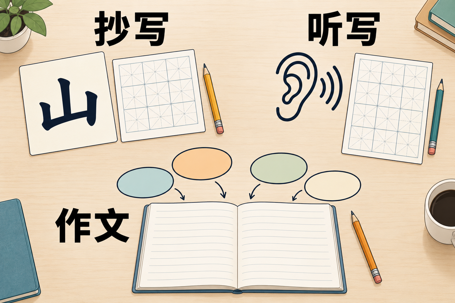抄写、听写、作文三种任务的示意:看范字书写、根据听到的内容书写、组织想法形成文章。