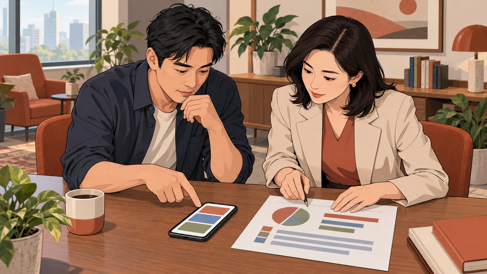 来访者与咨询师核对桌上手机测试结果